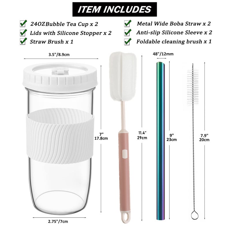 Amyoole 2 Pack Reusable Boba Cup,24Oz Wide Mouth Smoothie Cup,mason Jar Glass Cups with Lids and Straws,Bubble/Boba Tea Cups,Ice Coffee Tumbler 2 colored straws 1 sponge brush(White) - Image 2